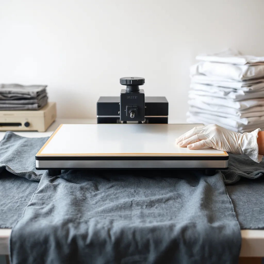 Hands aligning a DTF transfer on fabric under a heat press for a clean application