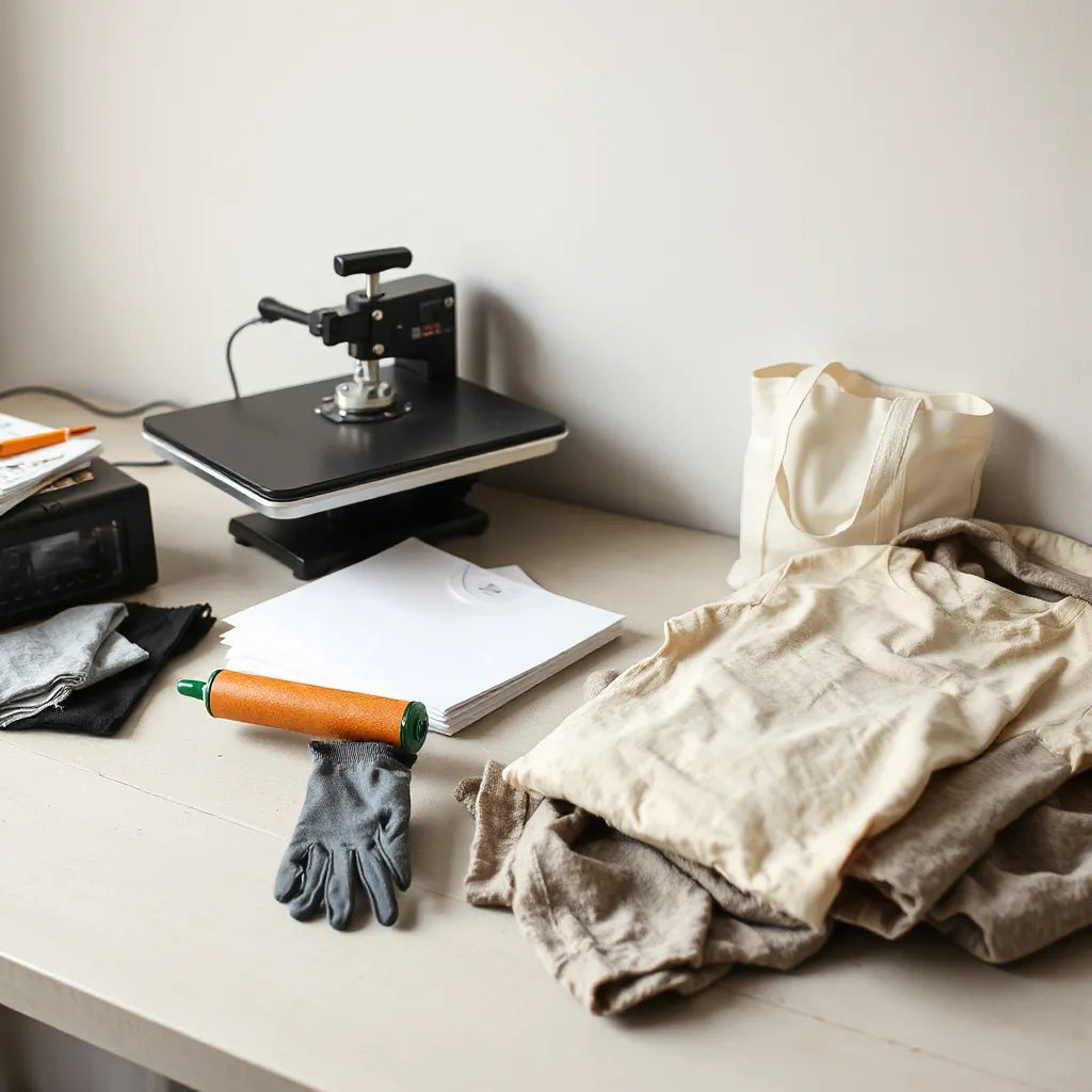 Heat press and neatly arranged DTF transfer sheets with finished apparel ready for production