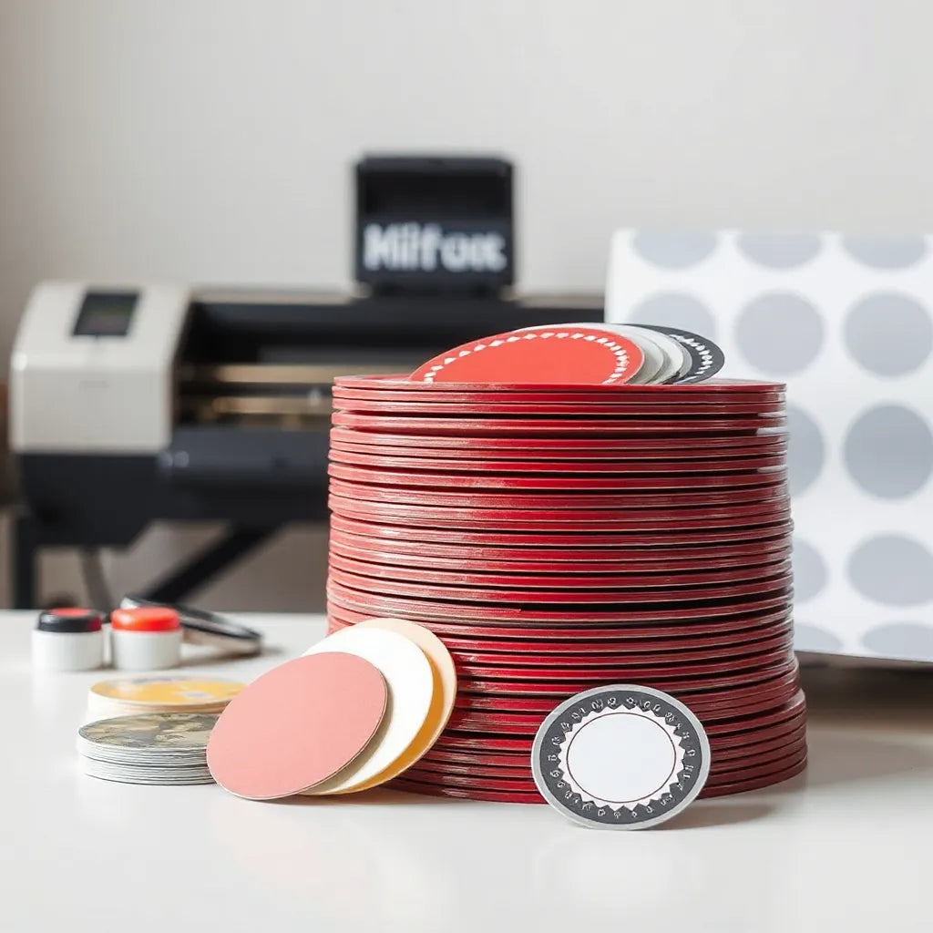 Stack of glossy die-cut custom stickers beside a sticker production machine