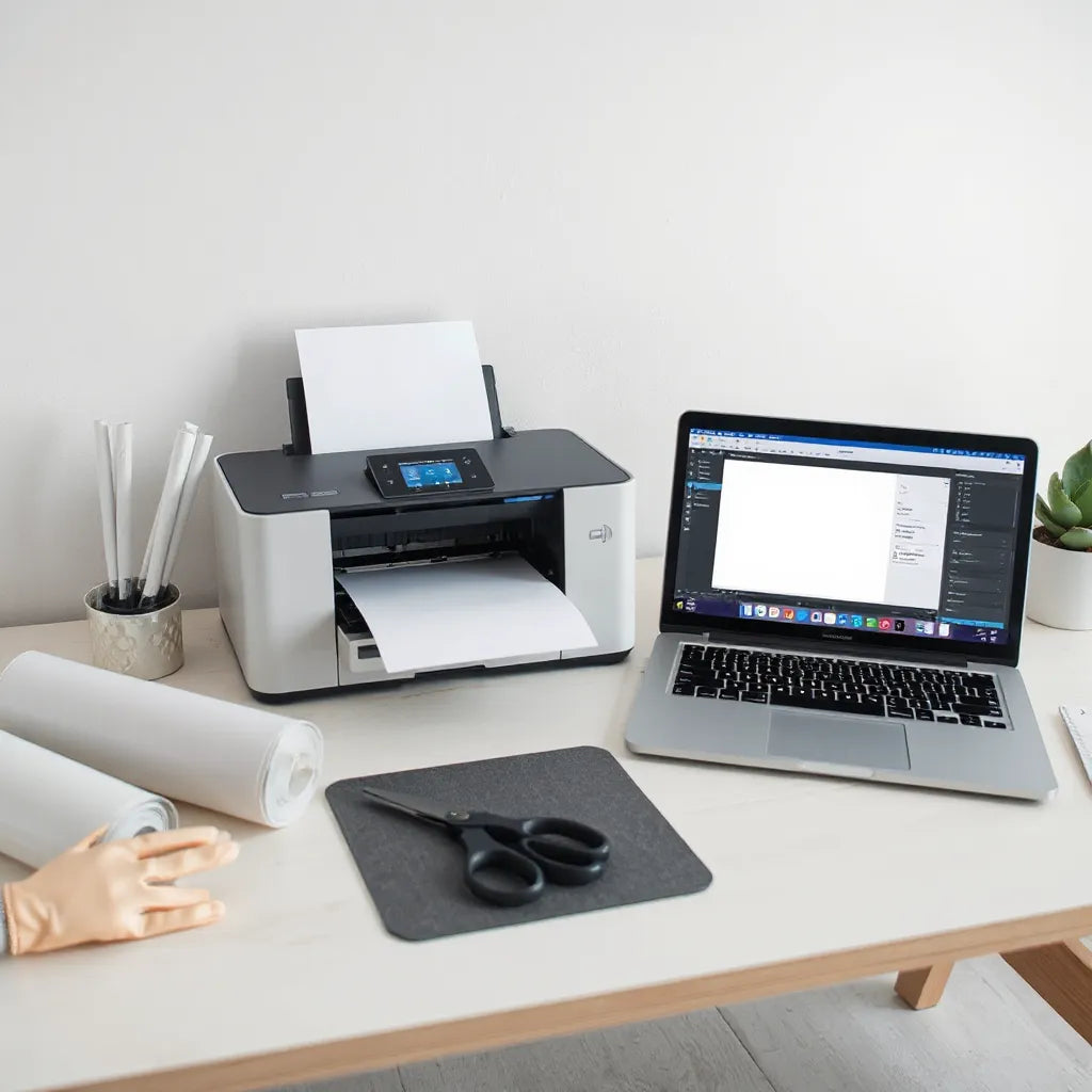 Desktop printer and neatly arranged transfer materials on a clean workspace