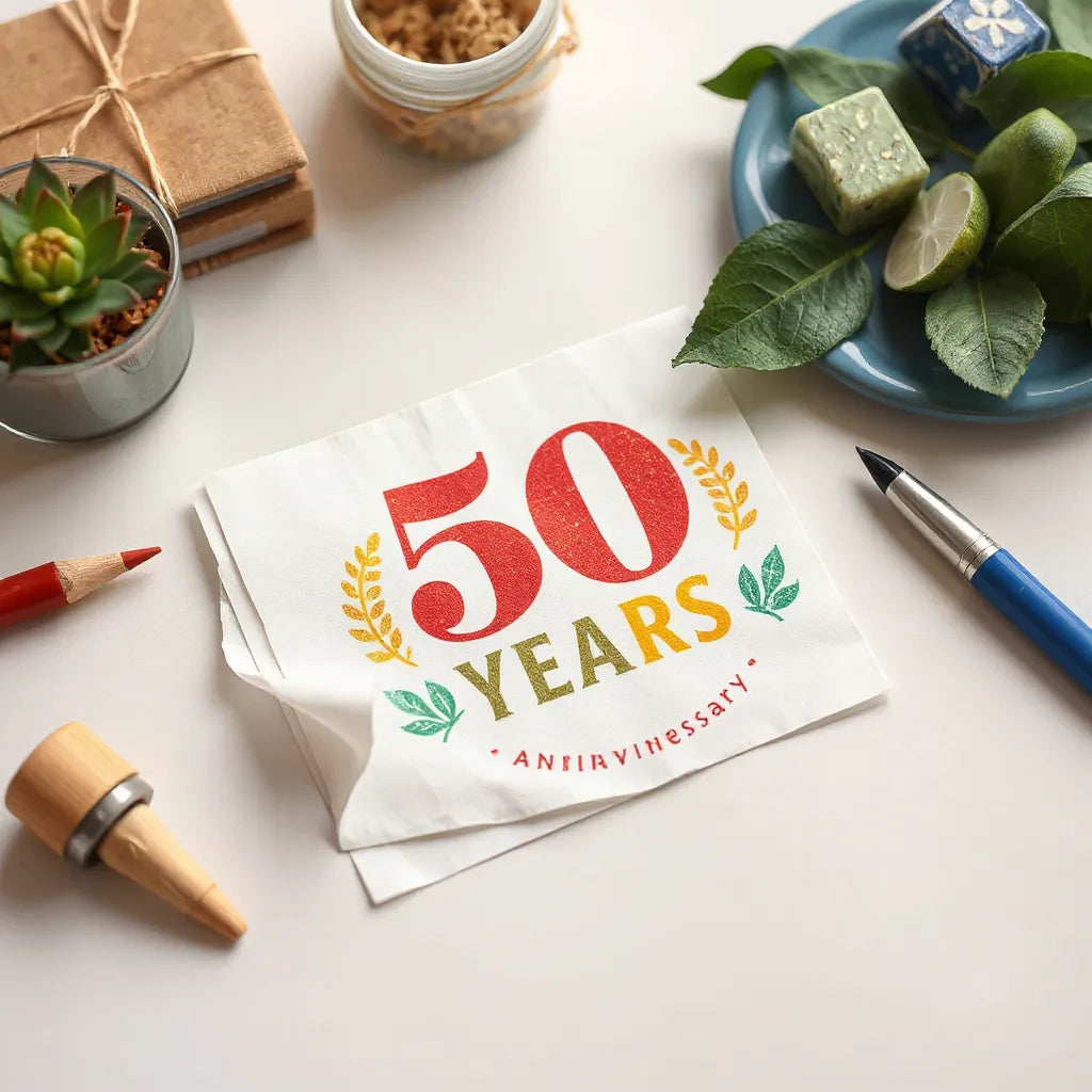 Close-up of decorative anniversary stickers on a backing sheet with clean edges in a bright craft workspace