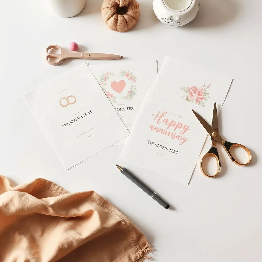 Neatly arranged anniversary-themed DTF transfer sheets with elegant heart and floral patterns on a clean worktable