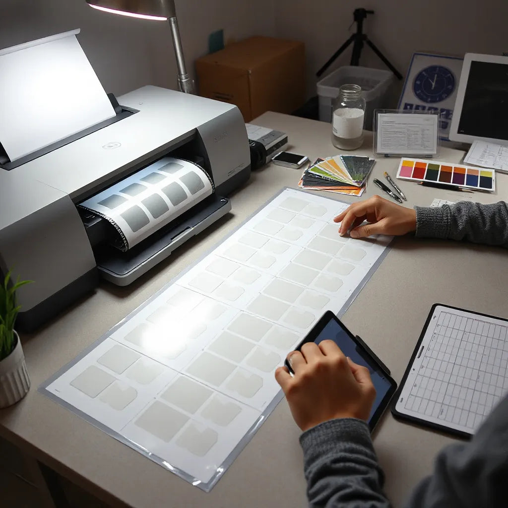 Hands aligning transfer film on a workbench with neatly arranged gang sheet layouts for printing
