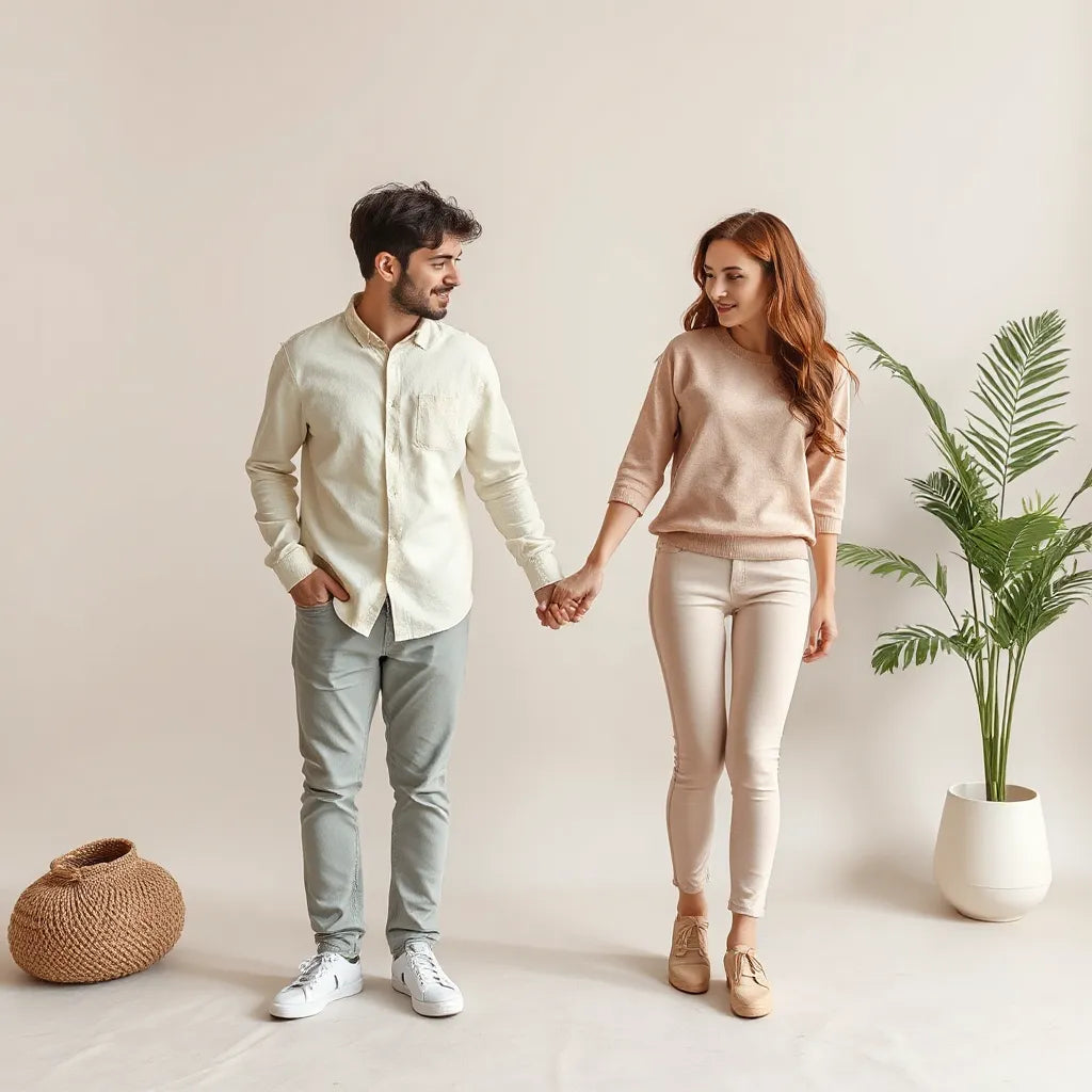 A cute couple holding hands in matching pastel outfits with subtle heart-themed patterns