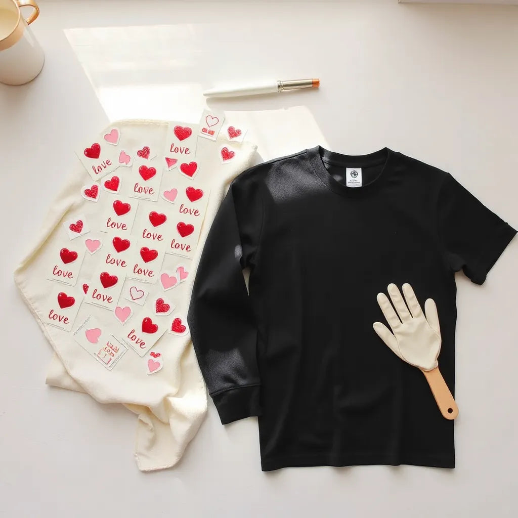 Heart and romantic icon stickers arranged on fabric next to a plain crewneck shirt