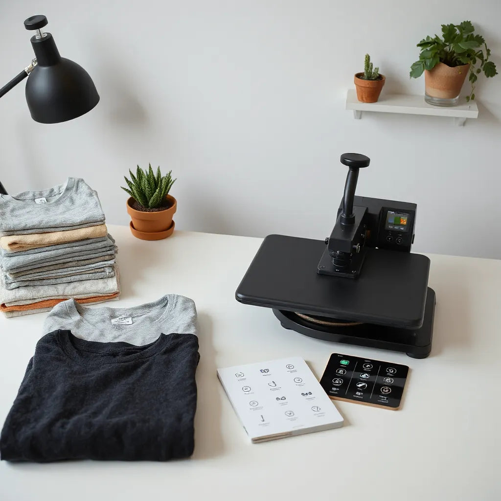 Heat press and stacks of DTF transfer sheets on a reseller worktable with sample garments
