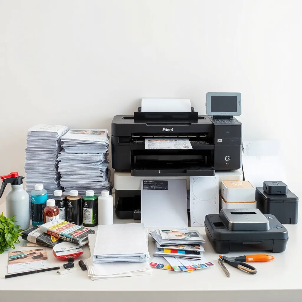 Organized printing supplies and materials on a clean workbench