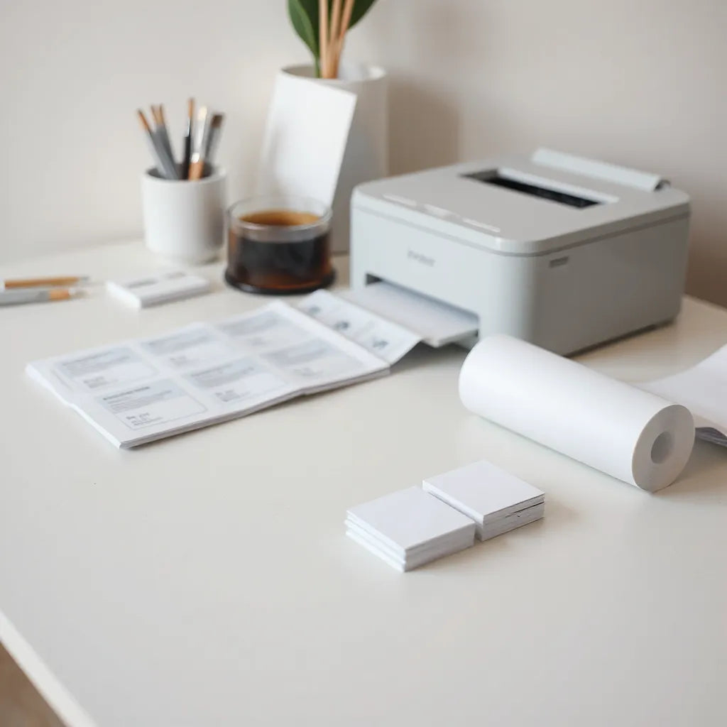 Sample printed flyers and labels on a clean workbench beside a desktop printer