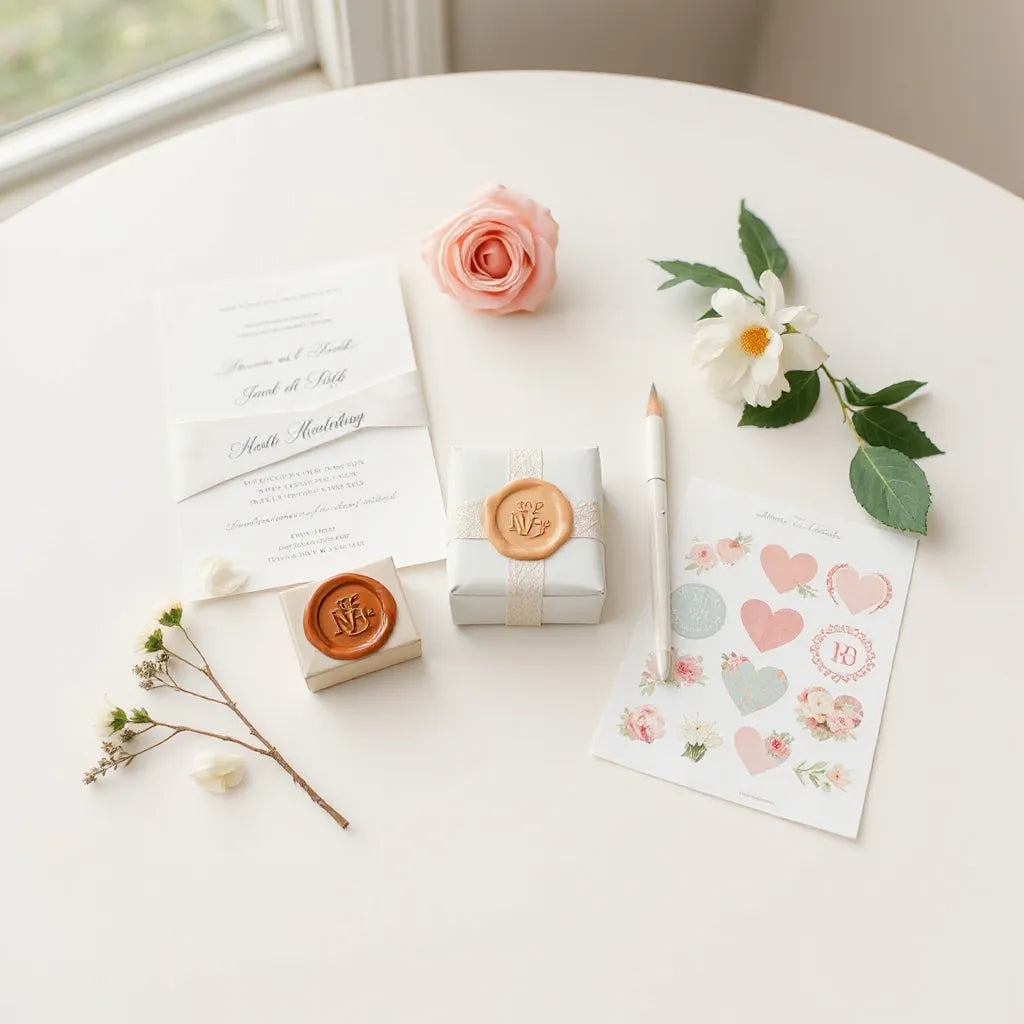 Wedding invitations and favor items with elegant custom stickers on a clean tabletop