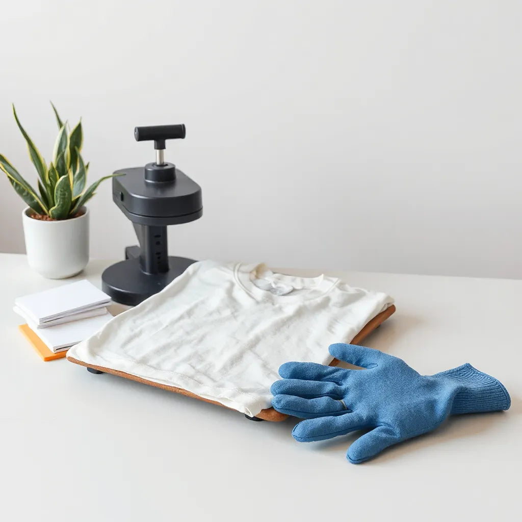 Heat press applying a transfer to a plain T-shirt on a tidy craft table with transfer sheets and gloves nearby