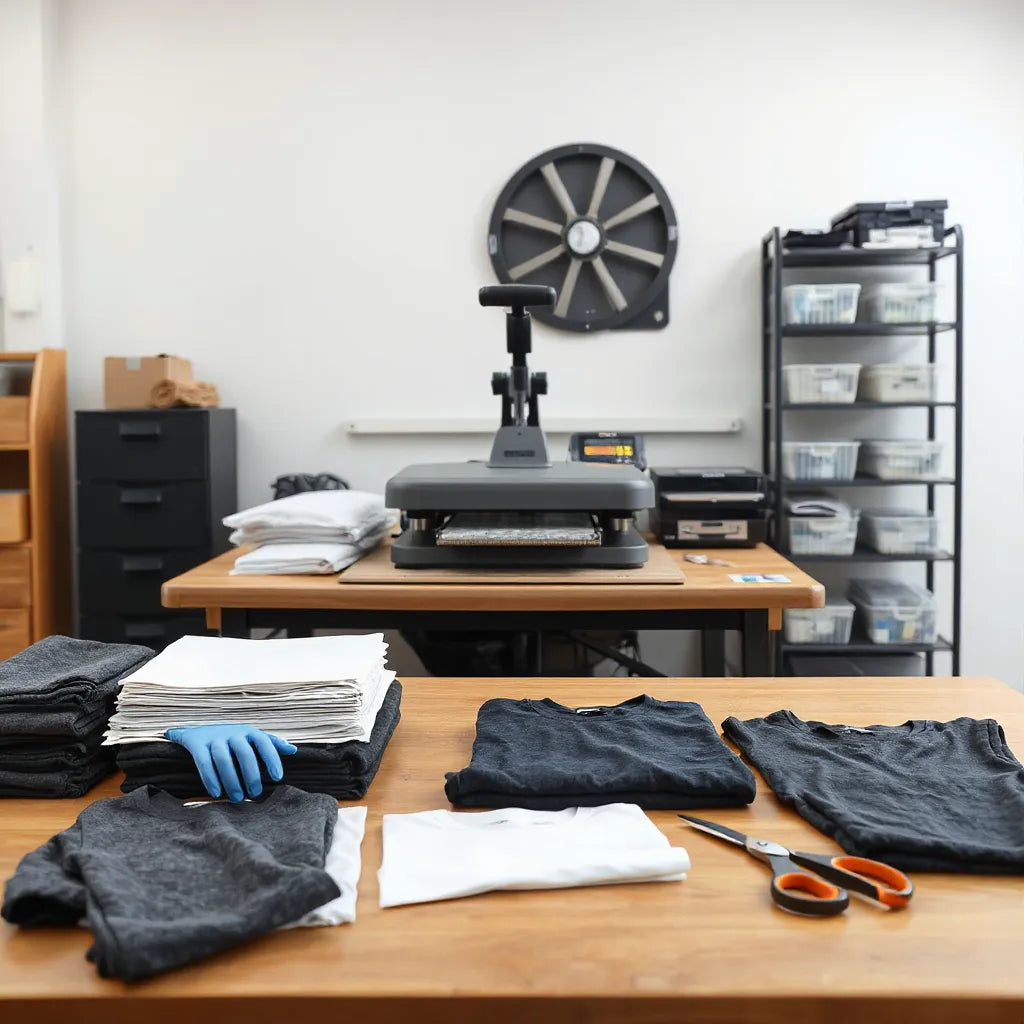 Bulk DTF transfer sheets arranged near a heat press and sample apparel blanks on a clean workbench