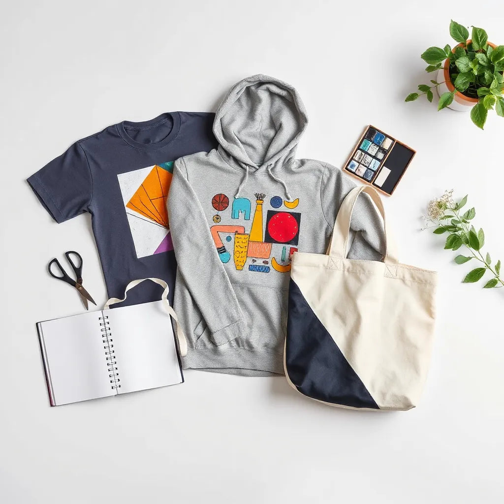 Assorted apparel laid out in a studio with original graphic design concepts and sketch materials