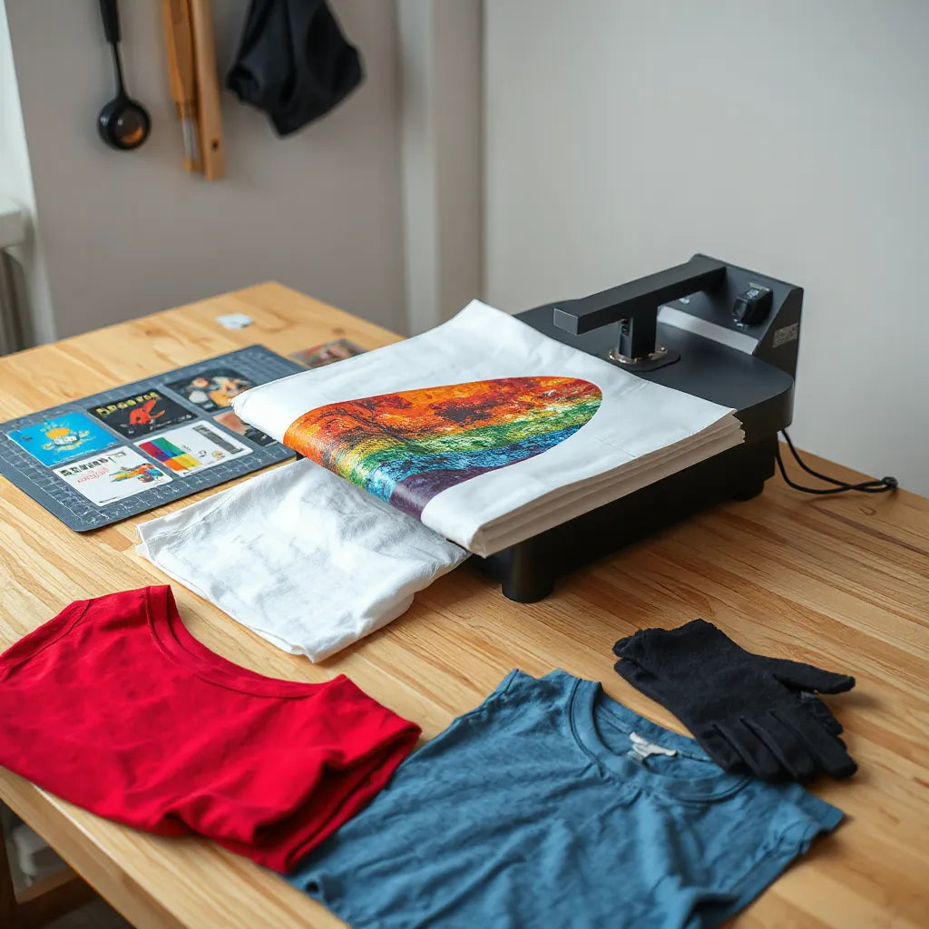 Heat press applying a custom transfer sheet onto a T-shirt with crisp, colorful detail