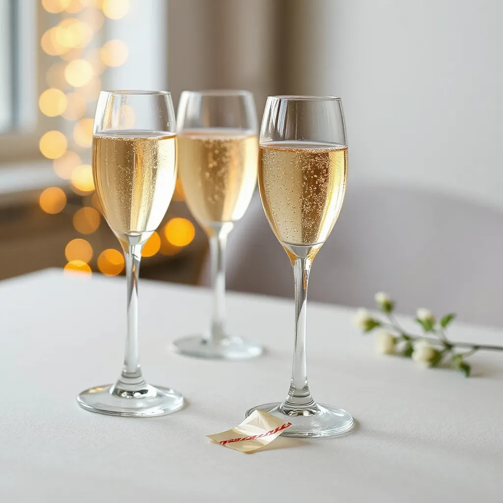 Fluted champagne glasses with sparkling liquid beside neatly arranged DTF transfer sheets on a neutral table