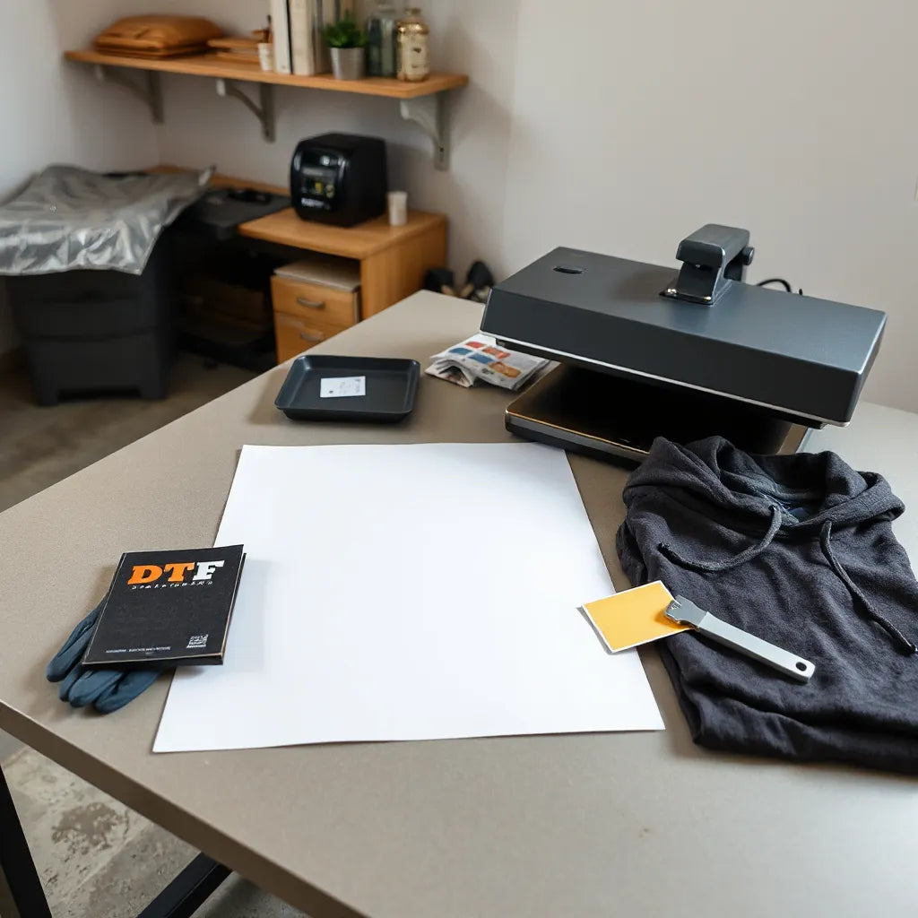 DTF transfer sheets on a print shop workbench next to a heat press and sample garments