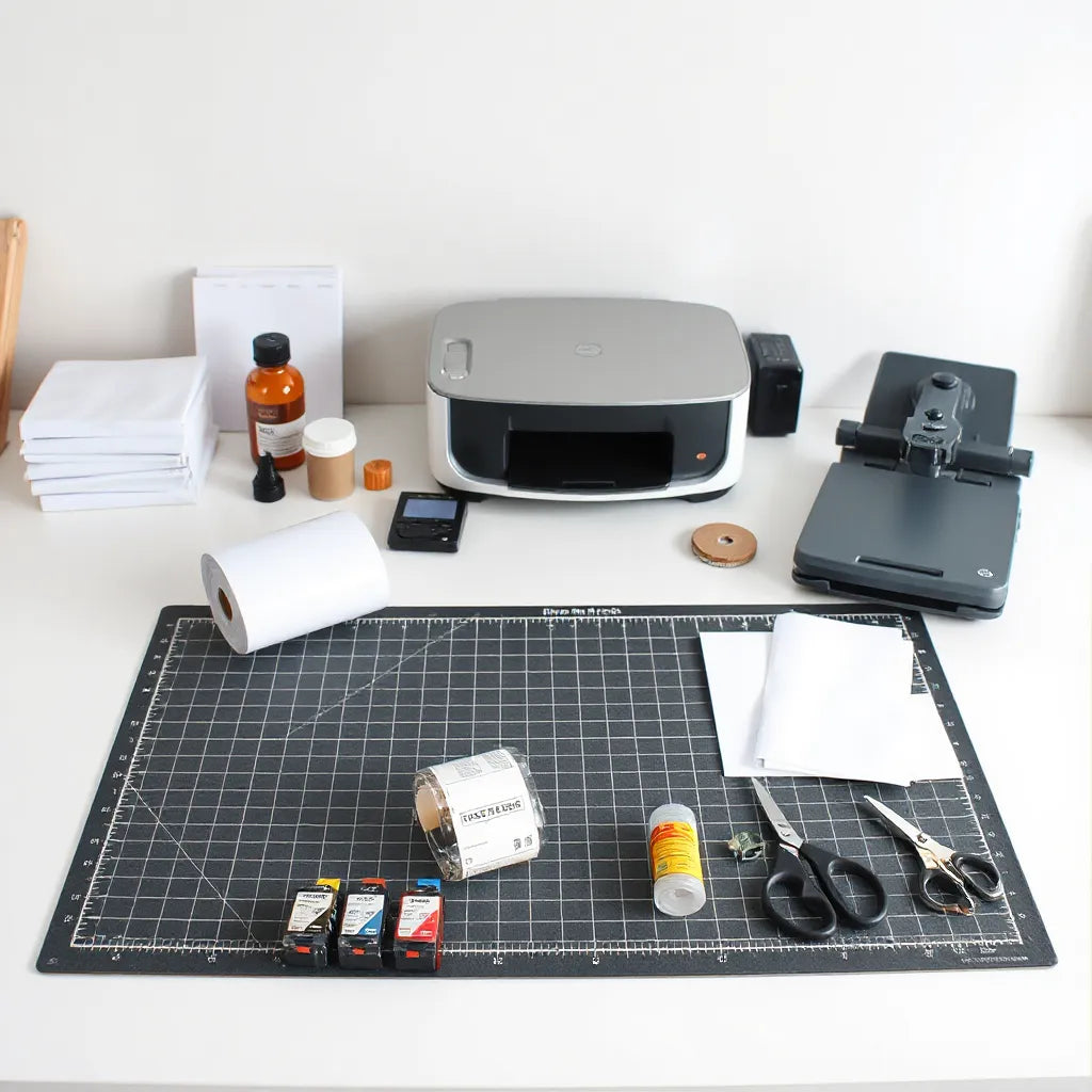 Neatly arranged small business printing supplies on a clean worktable with printer and label materials