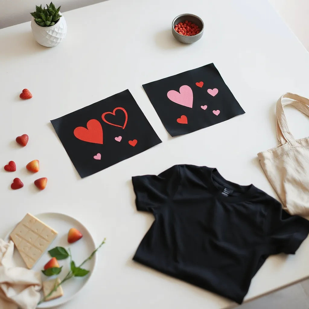 Heart-themed DTF transfer sheets laid out next to a black T-shirt and a tote bag