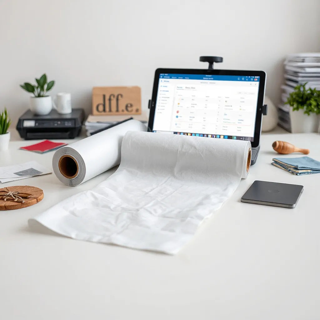 DTF transfer sheets and a heat press on a clean reseller workspace with fabric samples