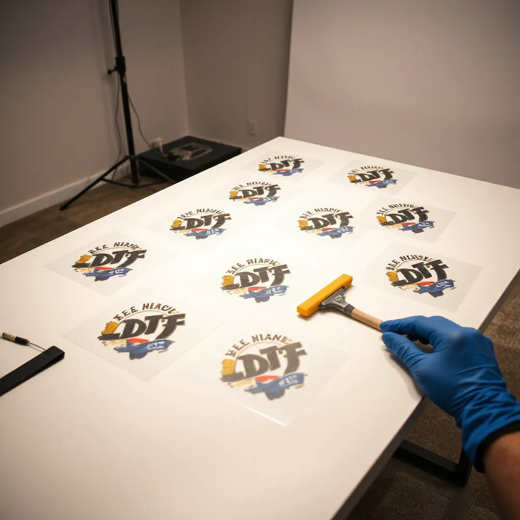 Multiple DTF transfer designs neatly arranged on a gang sheet beside printing tools on a clean worktable