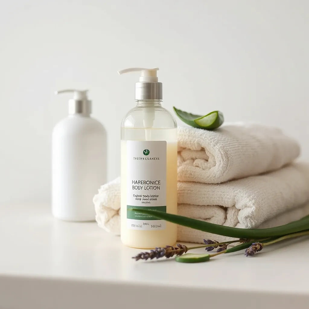Glass pump bottle of organic body lotion with botanical sprigs and soft towels on a clean counter