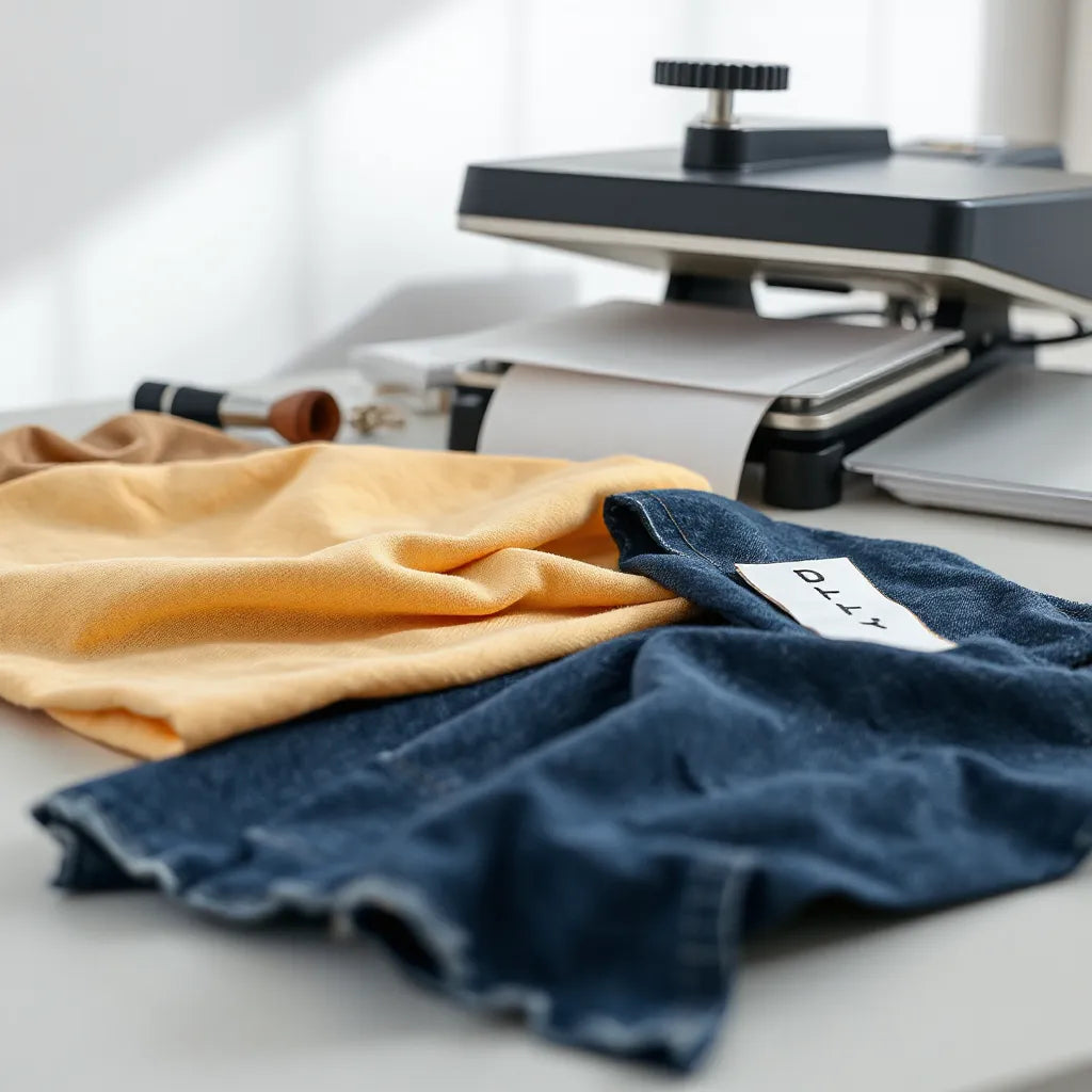 Fabric swatches and DTF transfer sheets prepared for matching and heat pressing