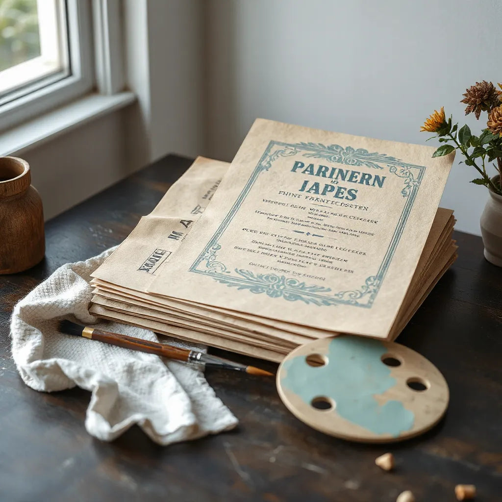 Stack of vintage-style prints with distressed textures, muted colors, and classic botanical motifs on kraft paper