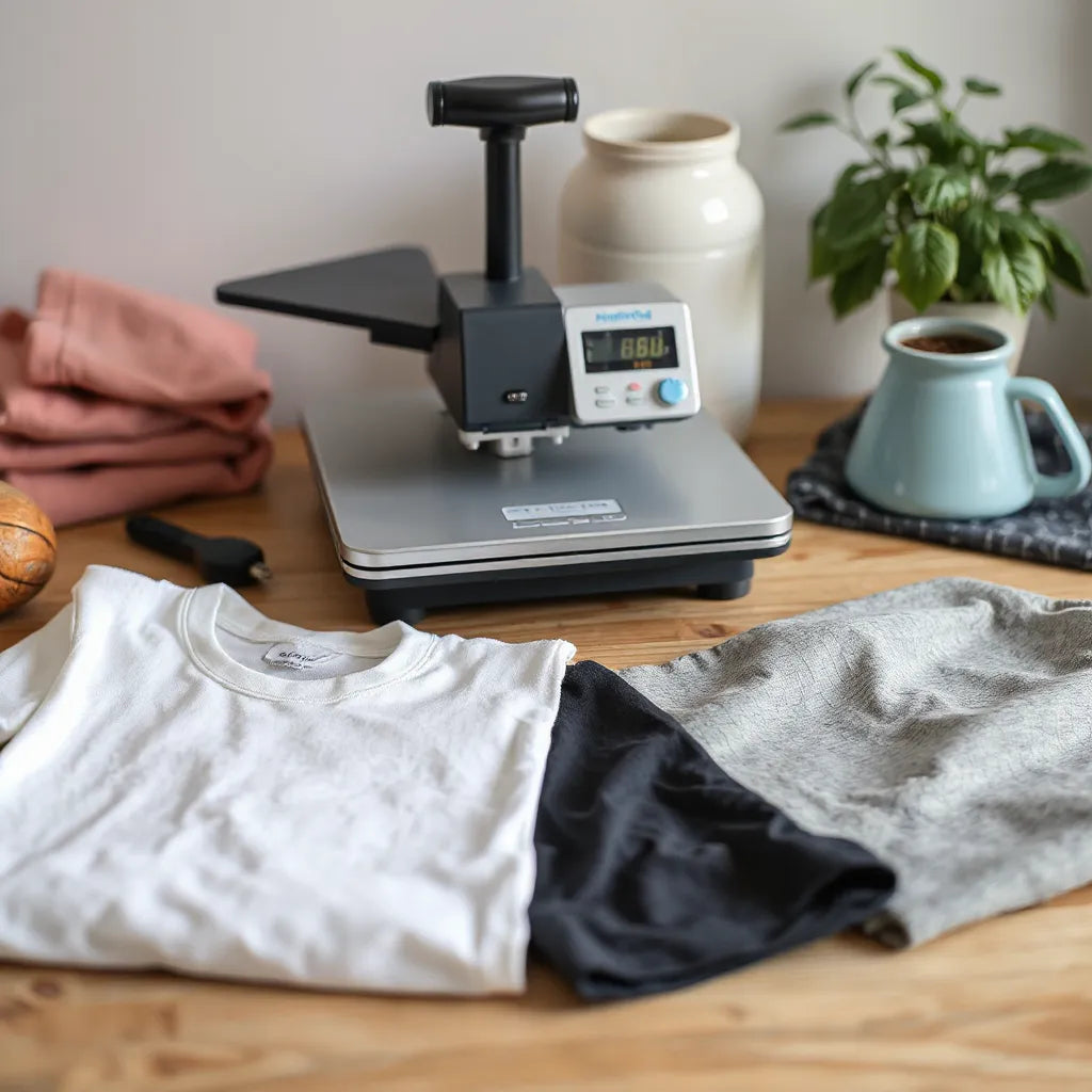 Heat pressing a personalized transfer onto a T-shirt with a clean, organized crafting workspace