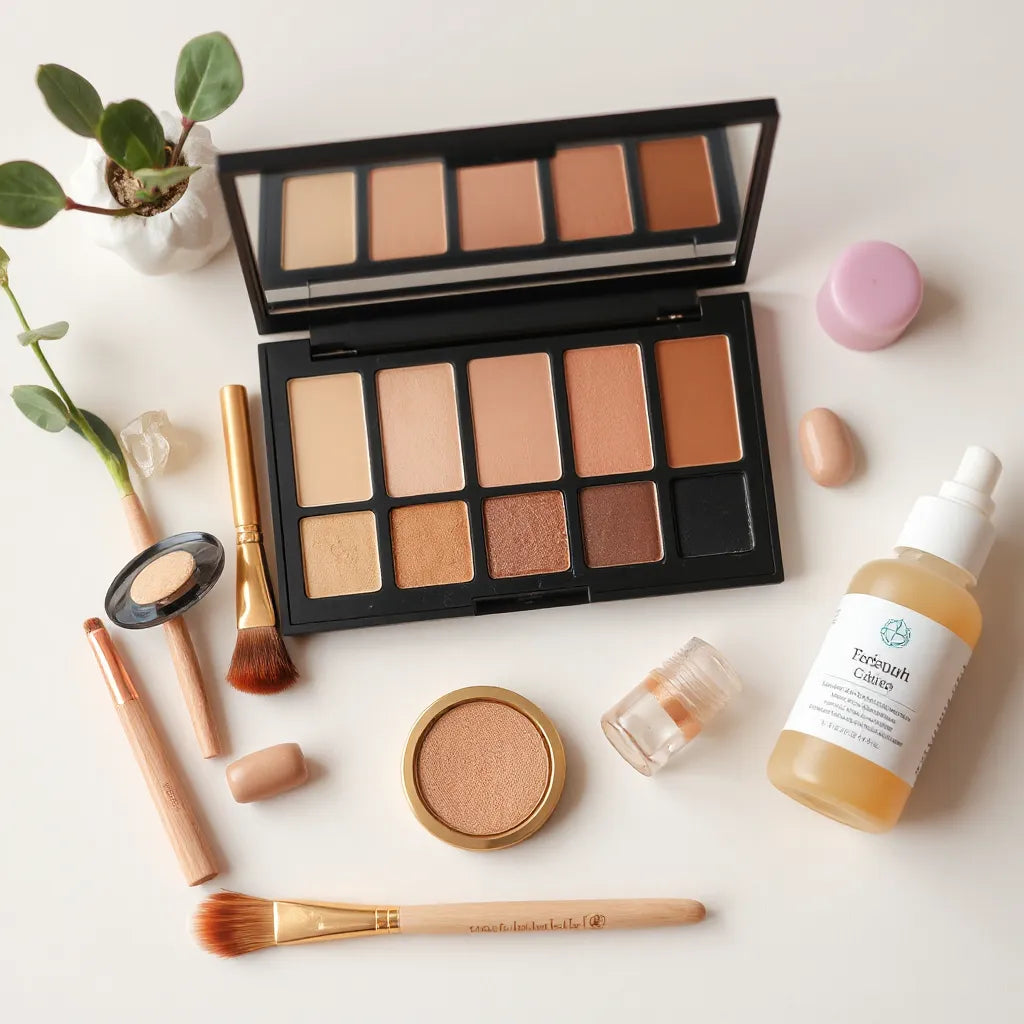 Neatly arranged cruelty-free makeup items on a clean vanity with soft natural light