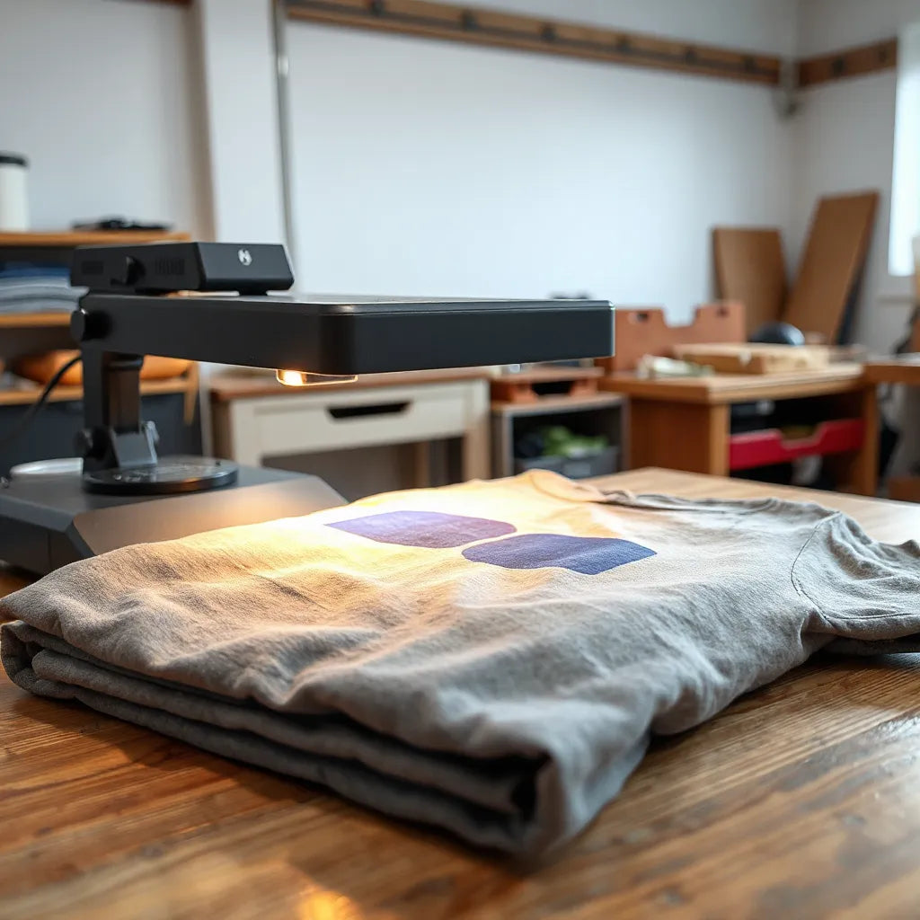 Heat press applying a vivid transfer onto a T-shirt on a clean workbench