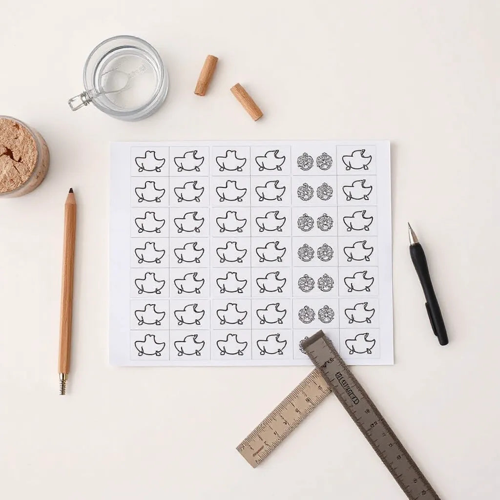 Neatly arranged sticker gang sheet layout with cut lines, spaced designs, and a ruler on a clean work surface