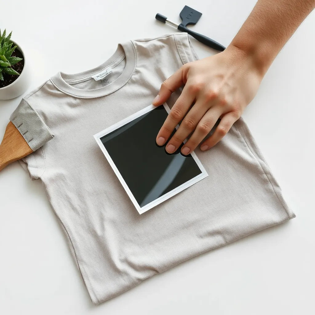 Hand applying a DTF sticker onto a t-shirt using a squeegee and lint-free cloth