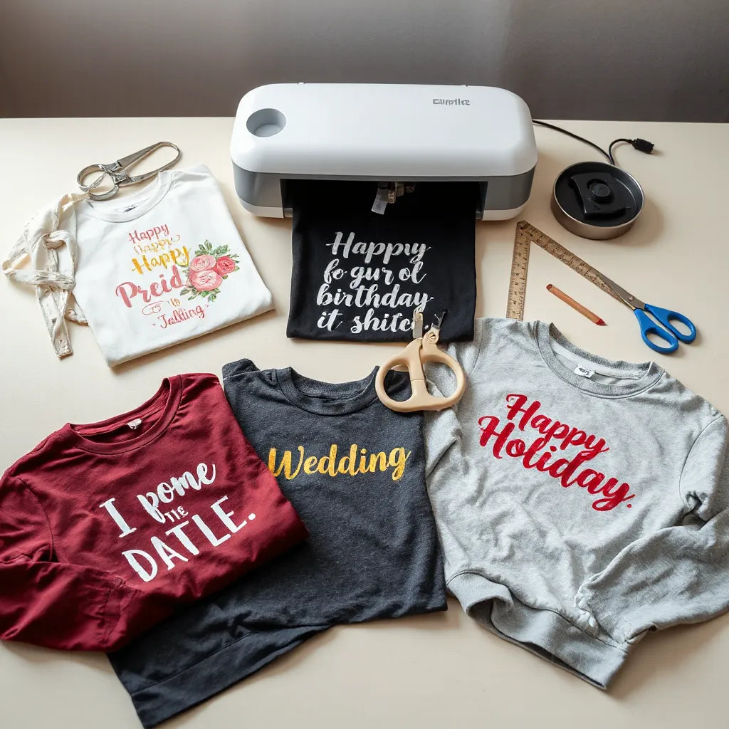 Heat press craft workspace with special occasion shirts and colorful DTF transfers ready to apply