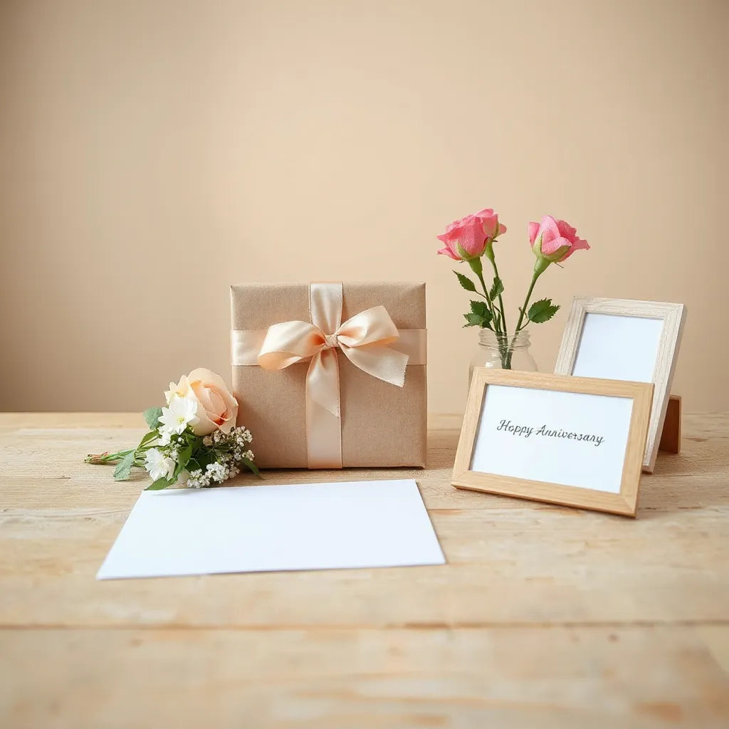 Wrapped anniversary gift with ribbon, fresh flowers, and keepsakes arranged on a wooden table