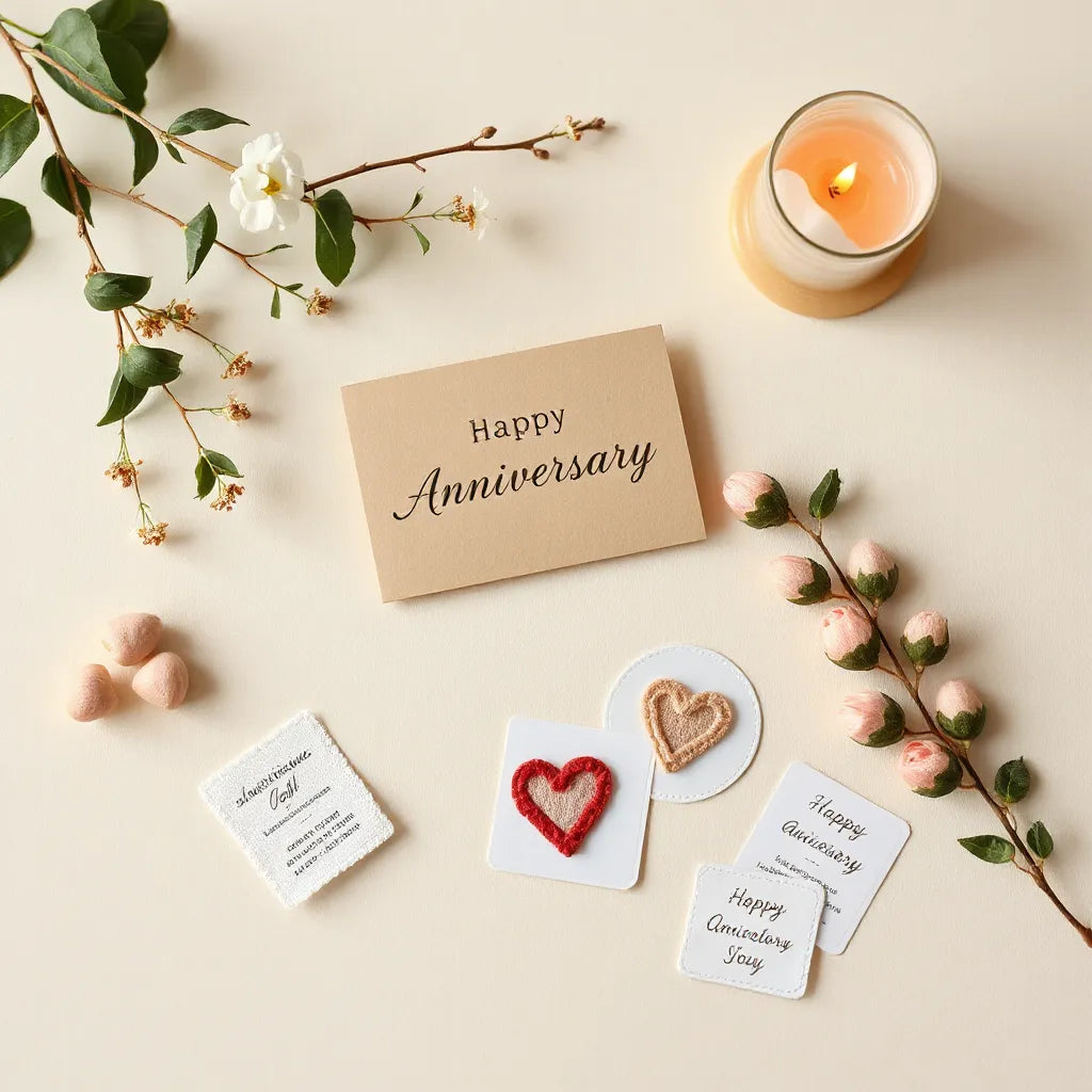 Warm anniversary card and design mockups with matching fabric patches and sticker sheets on a clean table