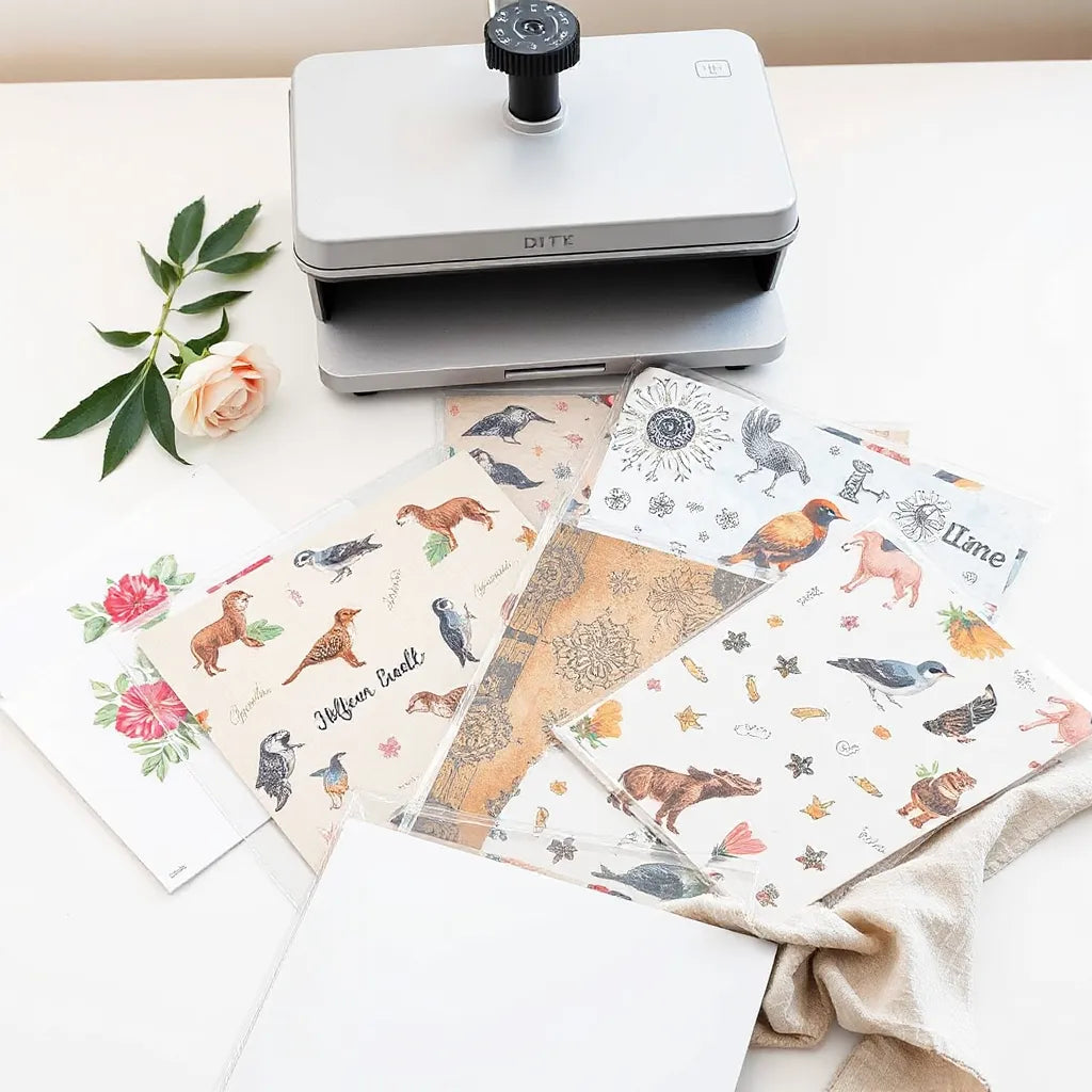 DTF transfer sheets with multiple popular design styles arranged neatly on a clean tabletop