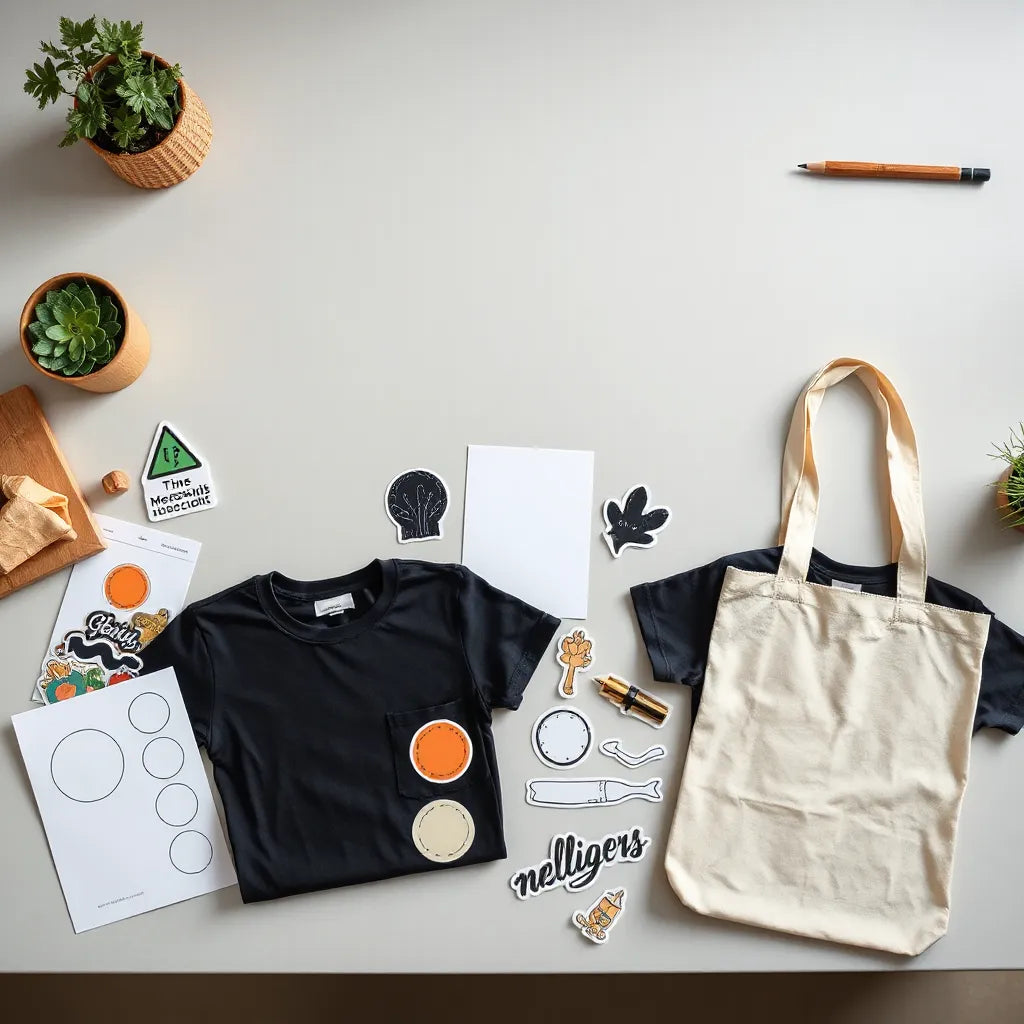 Assorted sticker designs and blank merch mockups on a clean worktable