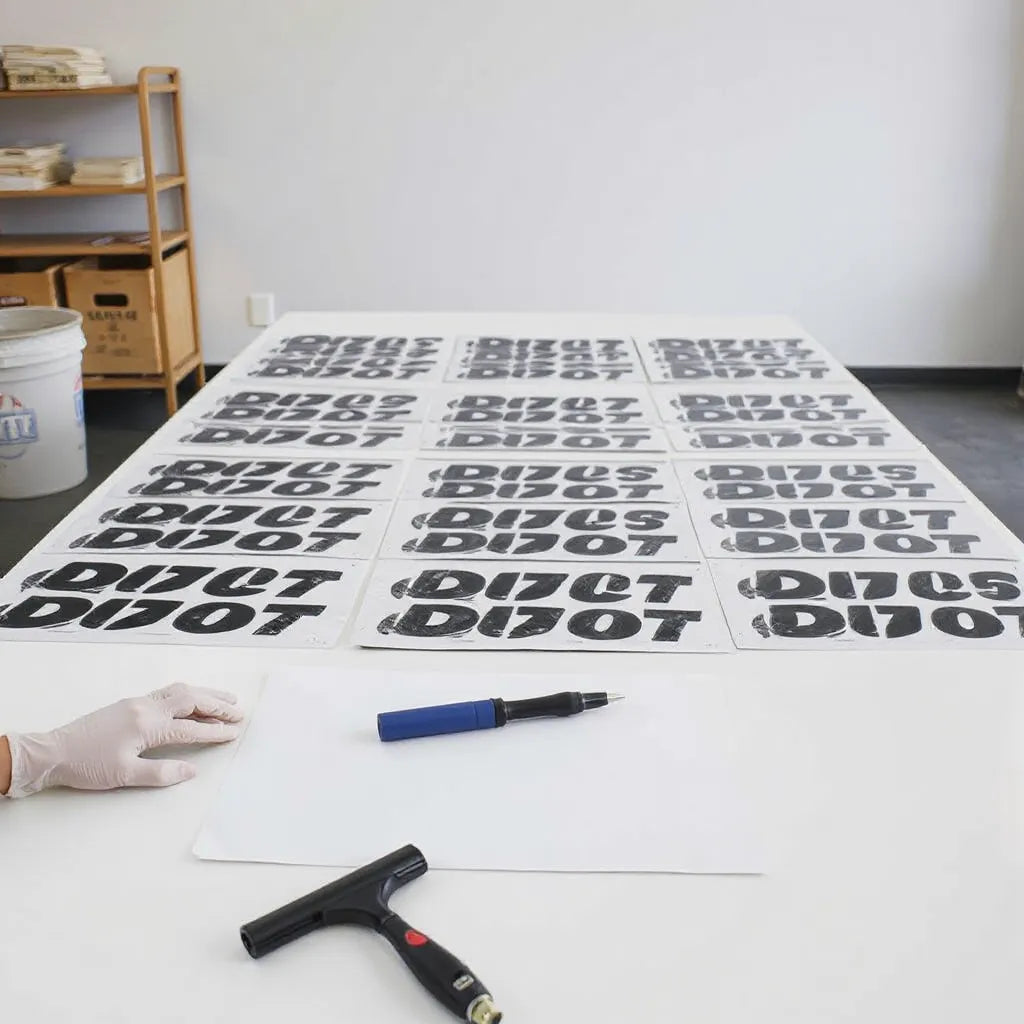 Gloved hands aligning a neatly arranged custom DTF gang sheet on a clean print workspace