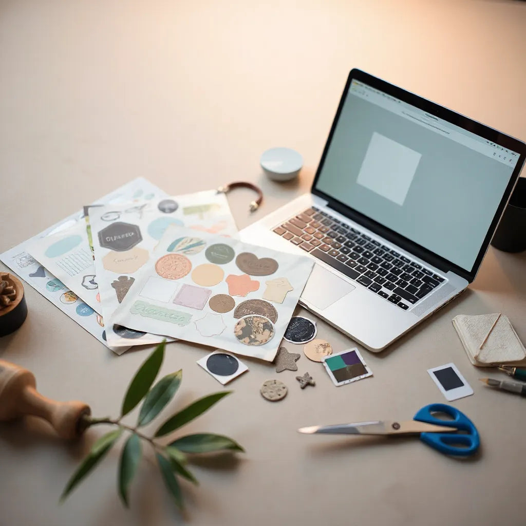 Assorted die-cut stickers on a clean workspace beside a laptop showing a sticker layout mockup