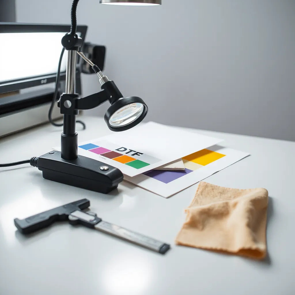 Technician inspecting a DTF transfer sheet under bright light with a magnifying glass and color swatches