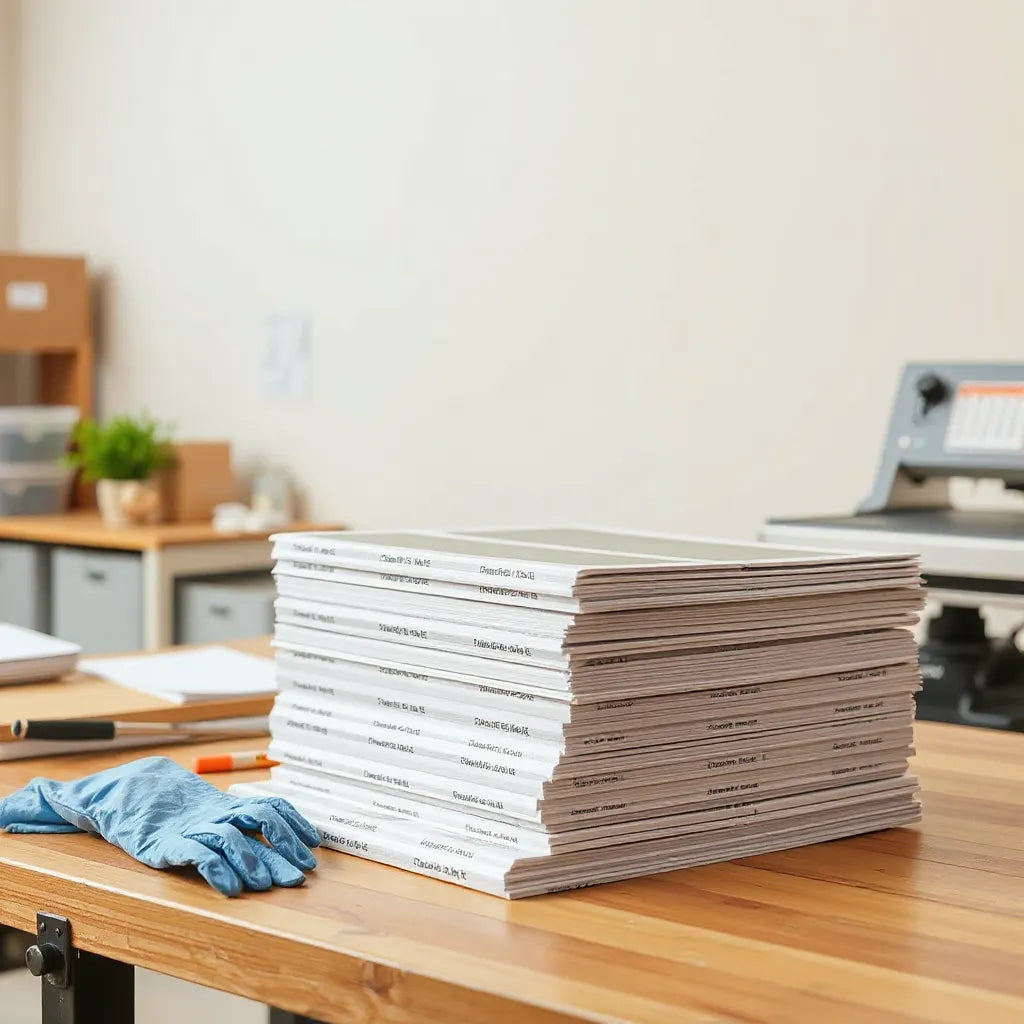 Neatly packed DTF transfer sheets on a clean worktable with a heat press in the background