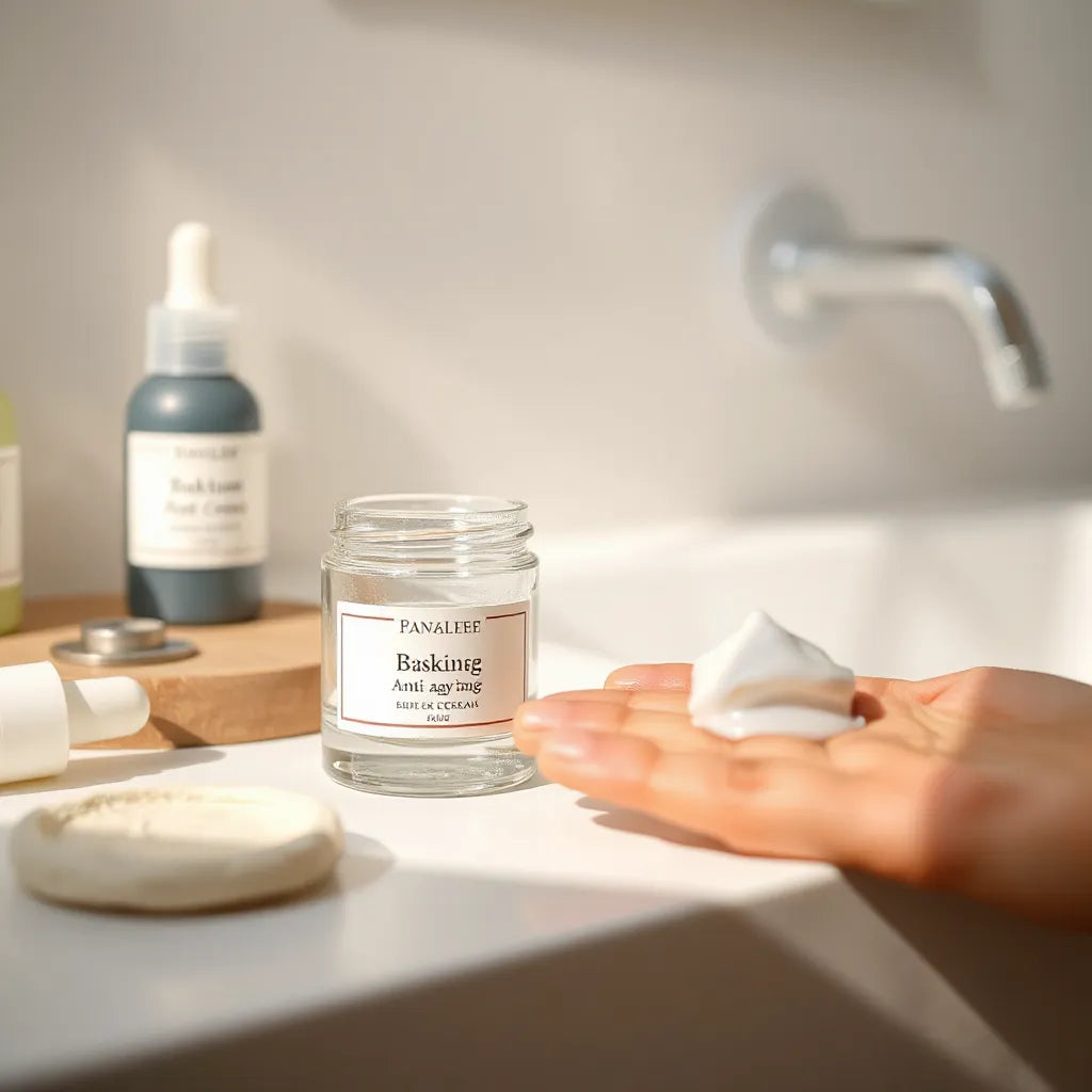 Anti-aging face cream jar on a clean counter with a small amount of cream on fingertips
