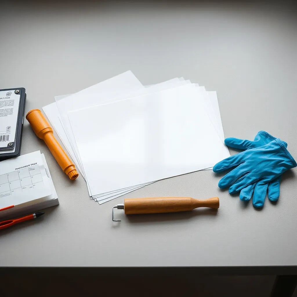Neatly arranged DTF gang sheets on a work table with tools for layout and application