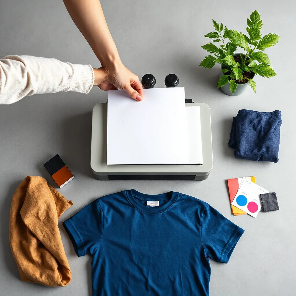 Heat press and printed transfer sheet beside blank t-shirt, with fabrics and ink swatches on a clean studio workbench