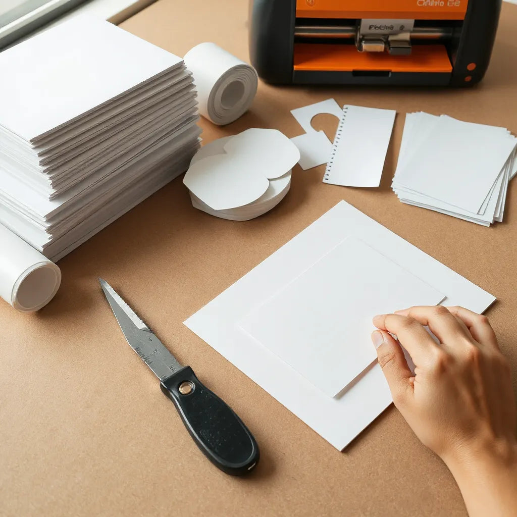 Neatly stacked custom sticker sheets on a clean production table with tools for cutting and finishing