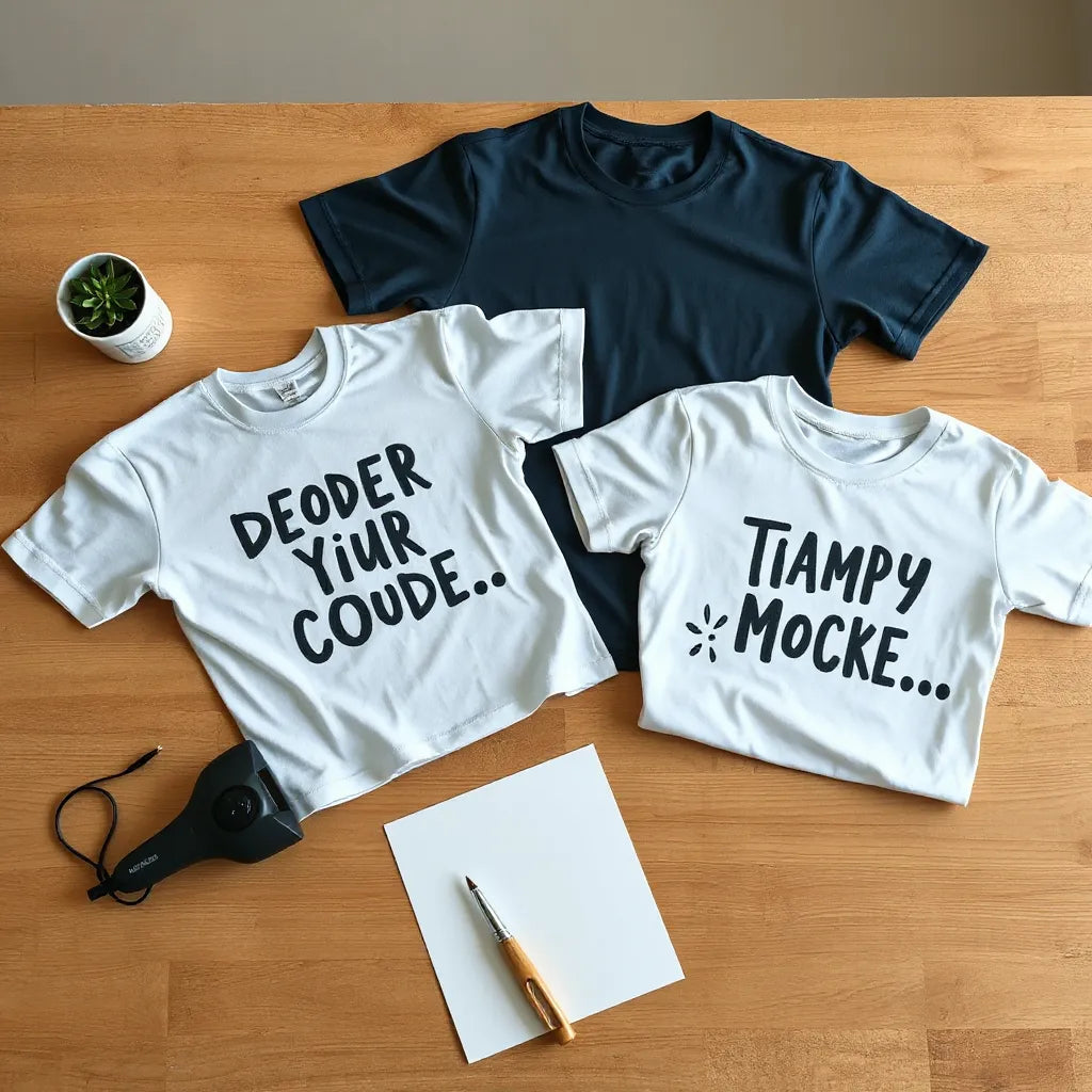 Couple-themed humorous transfer mockups on shirts with transfer sheets and heat press tools on a wooden table