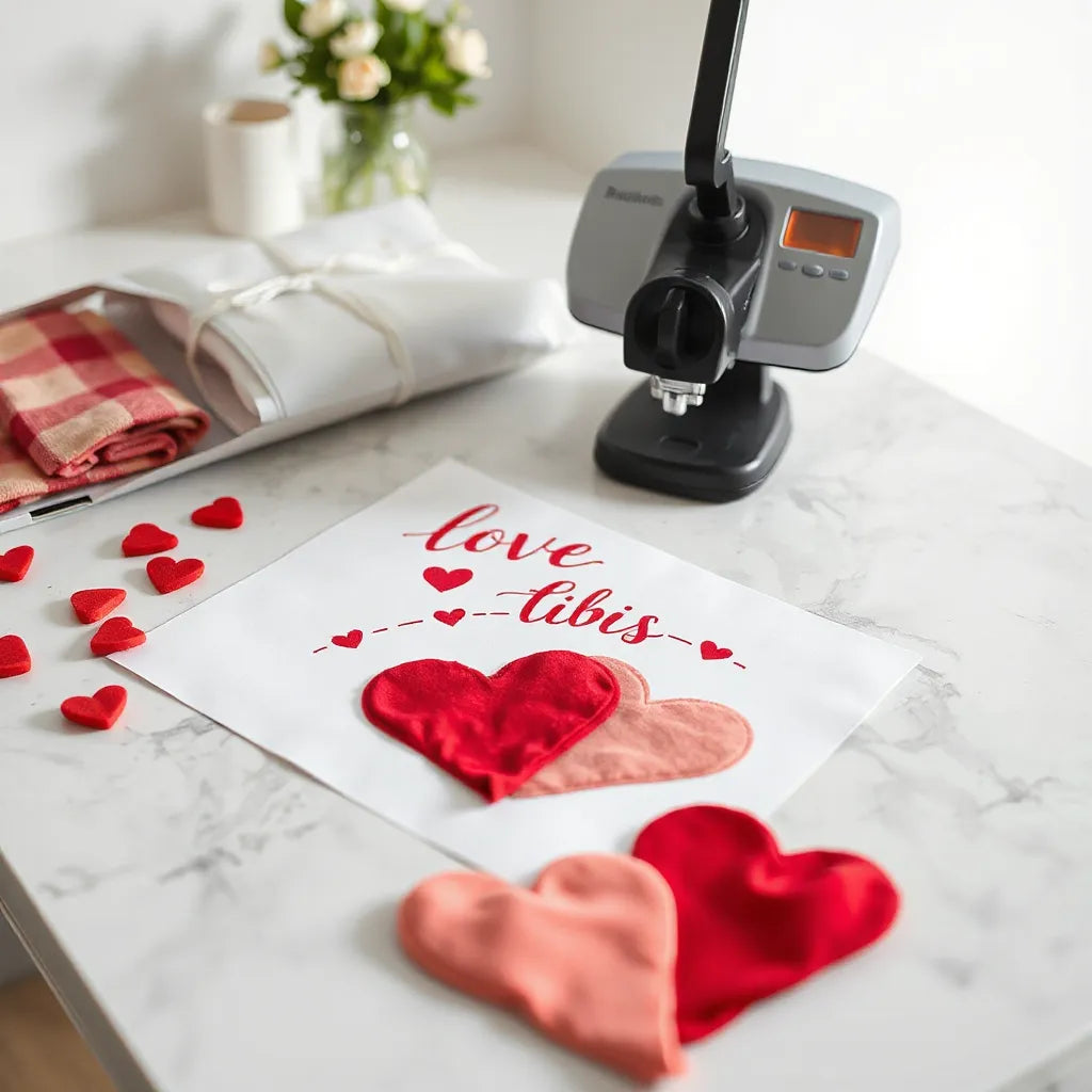Valentine-themed DTF transfer sheets with heart designs and a heat press setup on a clean work surface