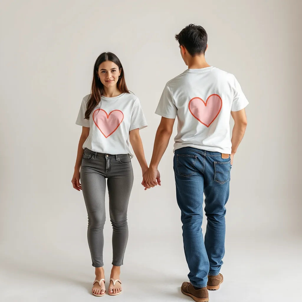 Couple in matching casual shirts with subtle heart-themed transfer designs, holding hands in a studio setting