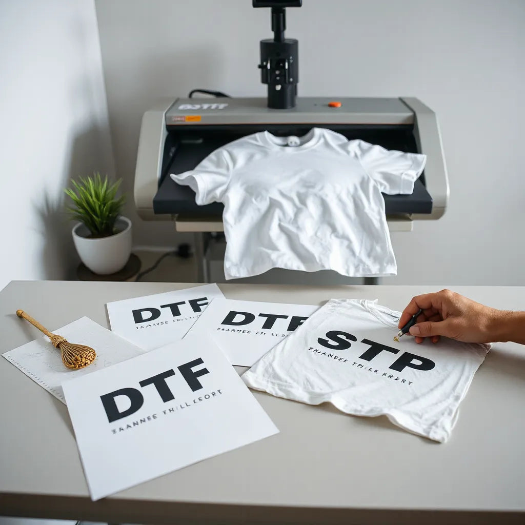 DTF transfer sheets positioned on a heat press with a plain T-shirt ready for printing