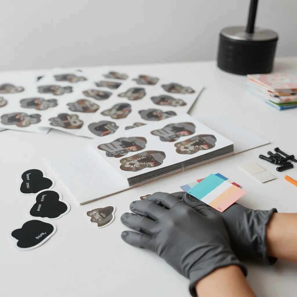 Matte and glossy custom stickers and sticker sheets with die-cut shapes on a clean worktable
