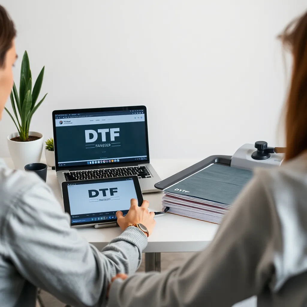 Designer reviewing a custom DTF transfer preview next to stacked transfer sheets and a heat press